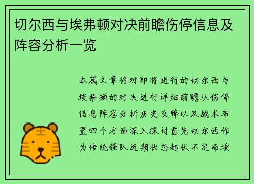 切尔西与埃弗顿对决前瞻伤停信息及阵容分析一览